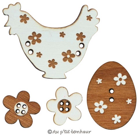 Bouton poule oeuf paques en bois fabrication française alsace au p'tit bonheur broderie patchwork