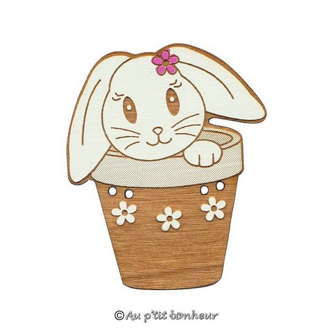 Bouton décoratif en bois pour broderie lapin dans pot