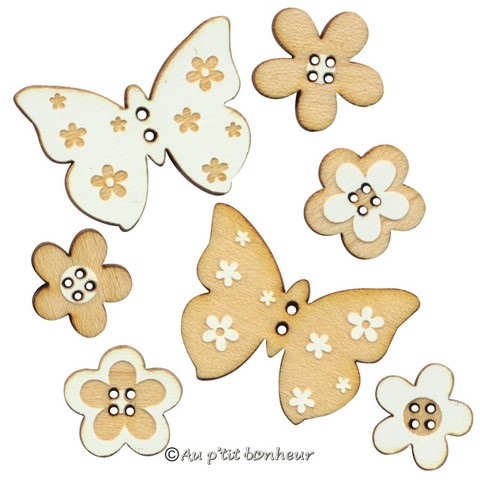 Bouton papillons et fleurs en bois fabrication française alsace au p'tit bonheur broderie patchwork