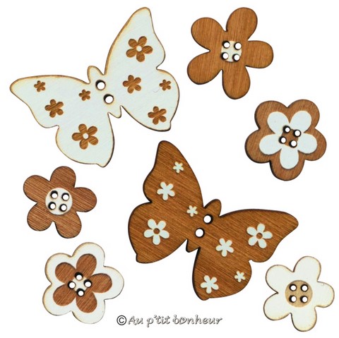 Bouton papillon et fleurs en bois fabrication française alsace au p'tit bonheur broderie patchwork