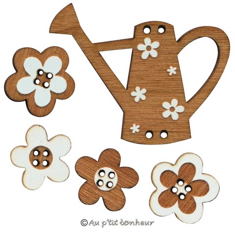 Bouton arrosoir et fleurs en bois fabrication française alsace au p'tit bonheur broderie patchwork