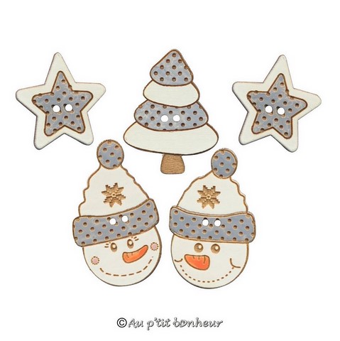 bouton bois bonhomme de neige sapin étoiles blanc et gris fabrication francaise