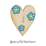 bouton bois cœur fleuri bleu turquoise peint main
