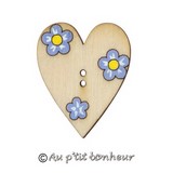 bouton bois cœur fleuri bleu clair peint main