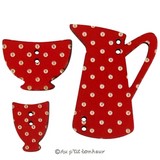 bouton bois cruche bol tasse rouge pois blancs